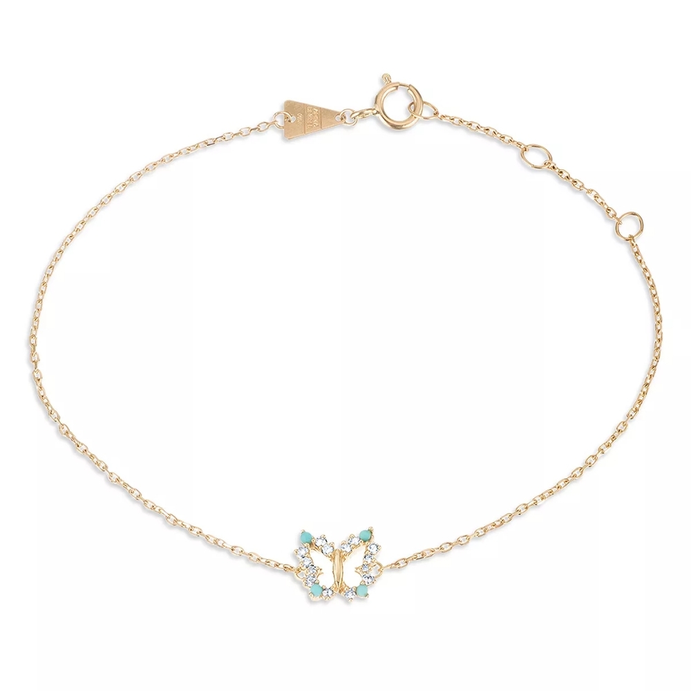 14K Yellow Gold Turquoise & Diamond Butterfly Chain Bracelet
